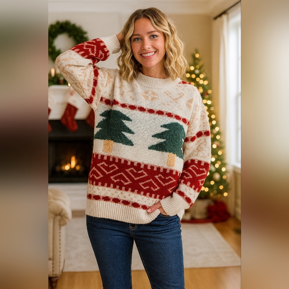 Fuzzy Shag 3D Textured Christmas Tree Sweater Long Sleeve Contrast Holiday Top